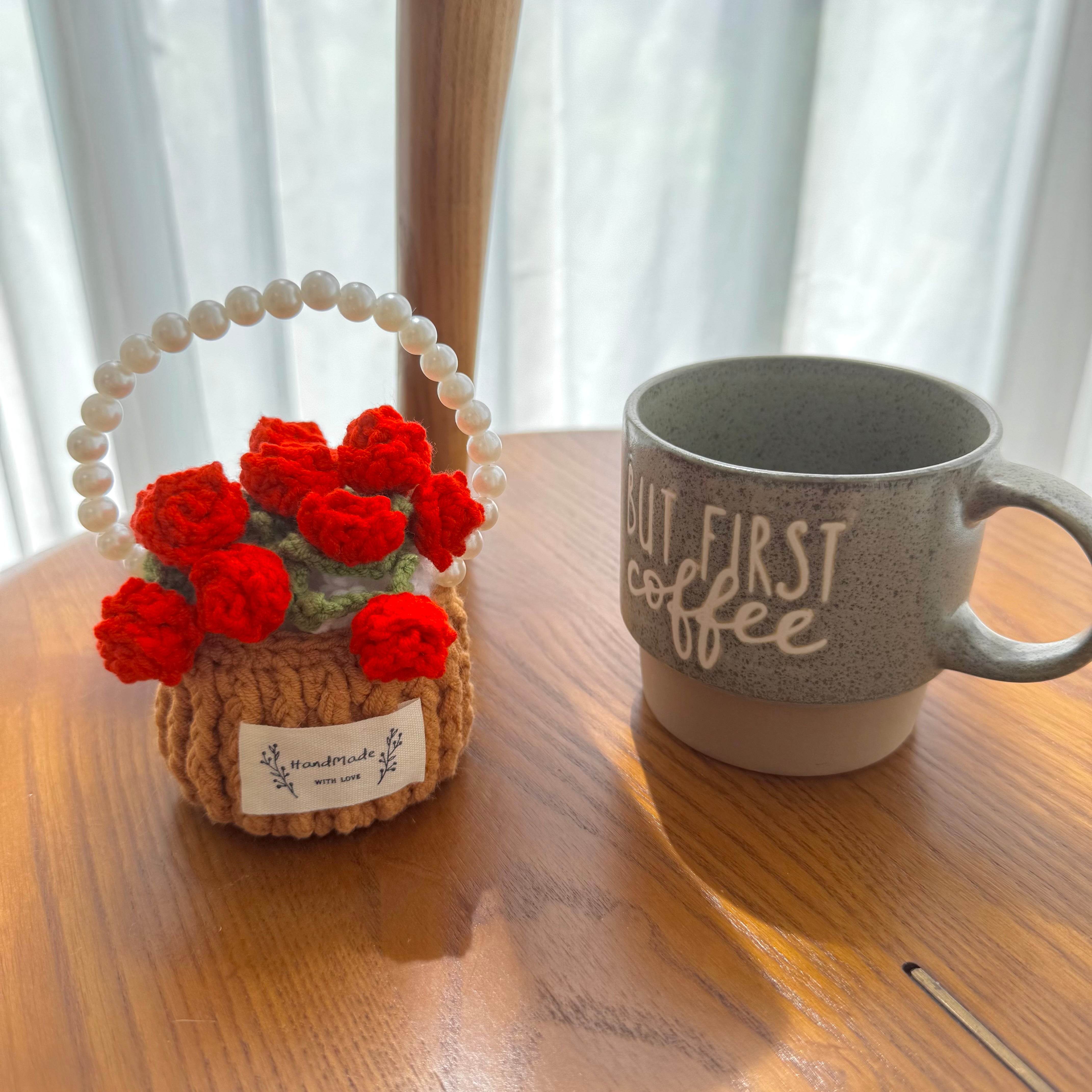 "Red Rose" Handmade Crochet Flower Coaster with Basket Set - Artistic Home Decor