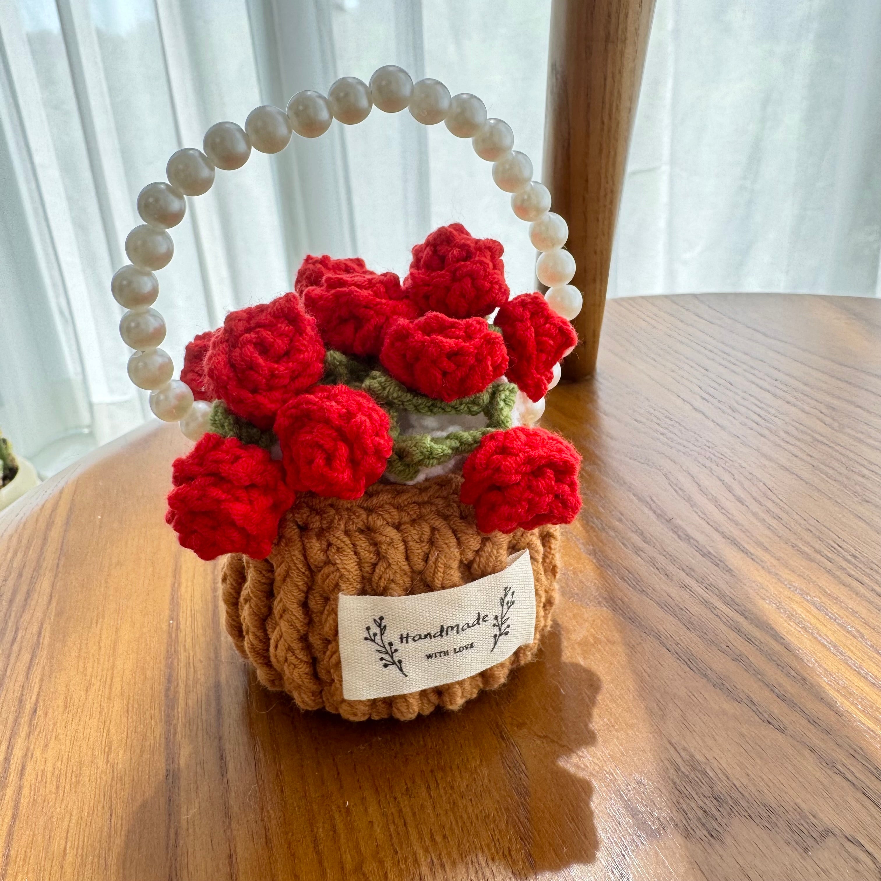 "Red Rose" Handmade Crochet Flower Coaster with Basket Set - Artistic Home Decor