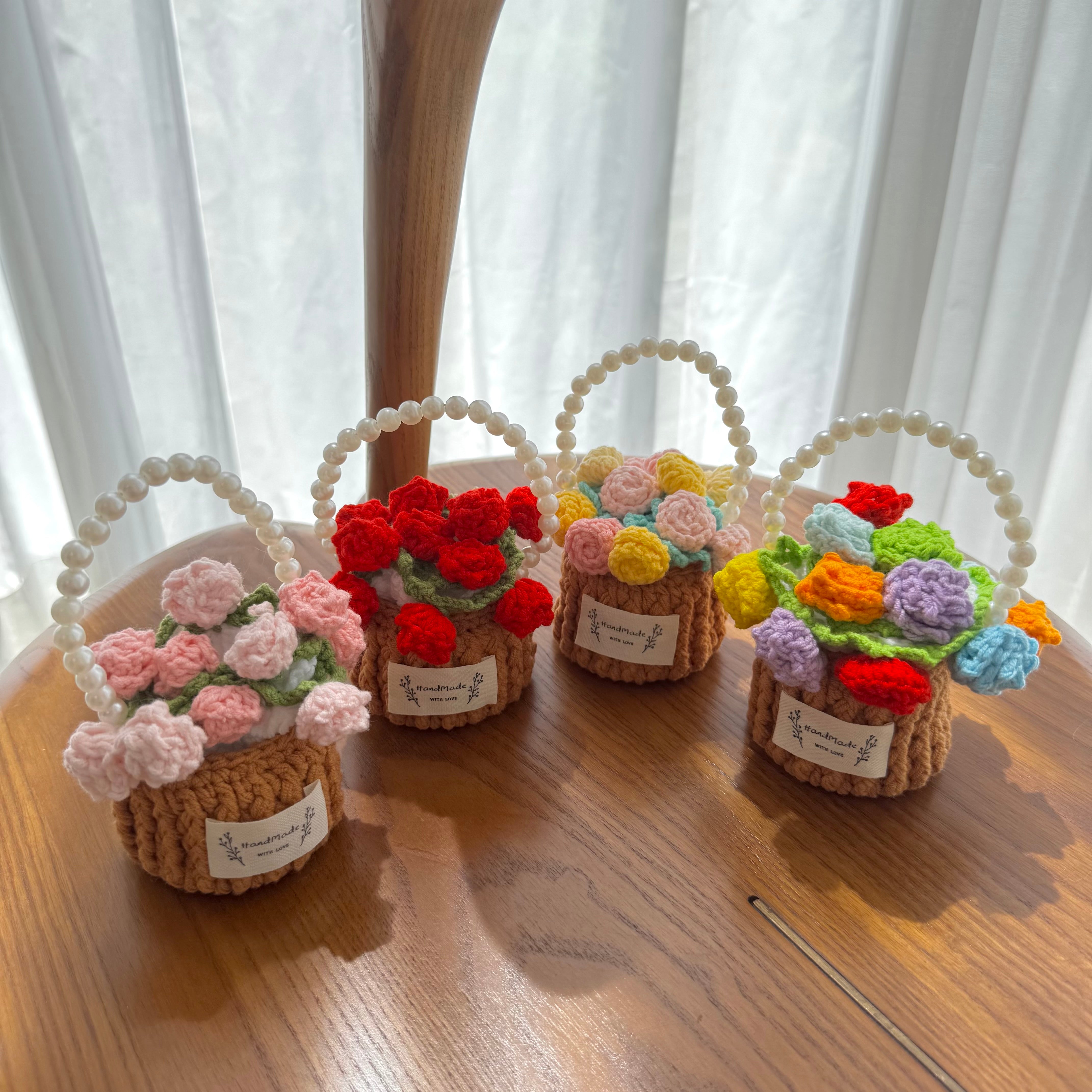 "Pom Pom Flower" Handmade Crochet Flower Coaster with Basket Set - Artistic Home Decor