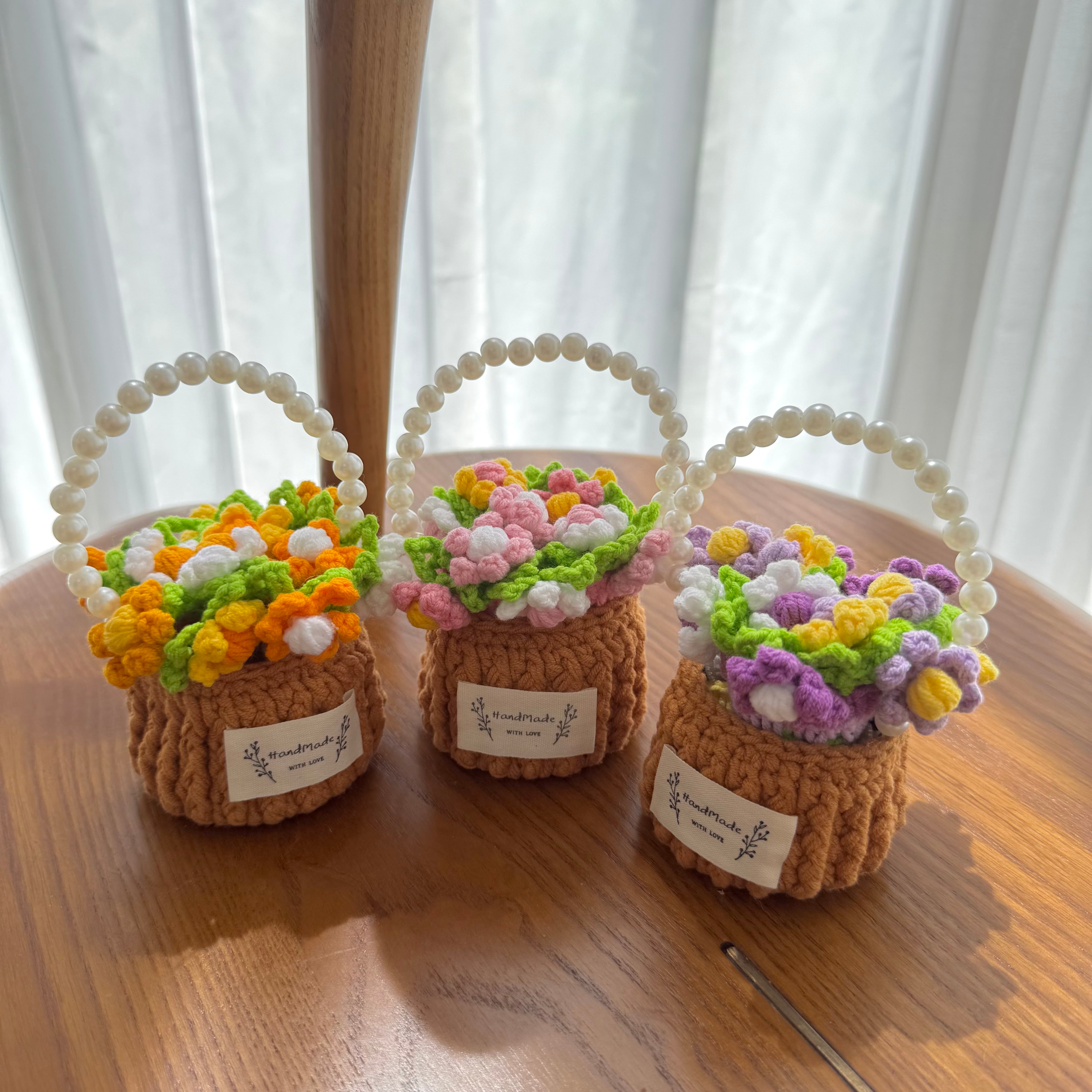 “Purple - Yellow Posy” Handmade Crochet Flower Coaster with Basket Set - Artistic Home Decor