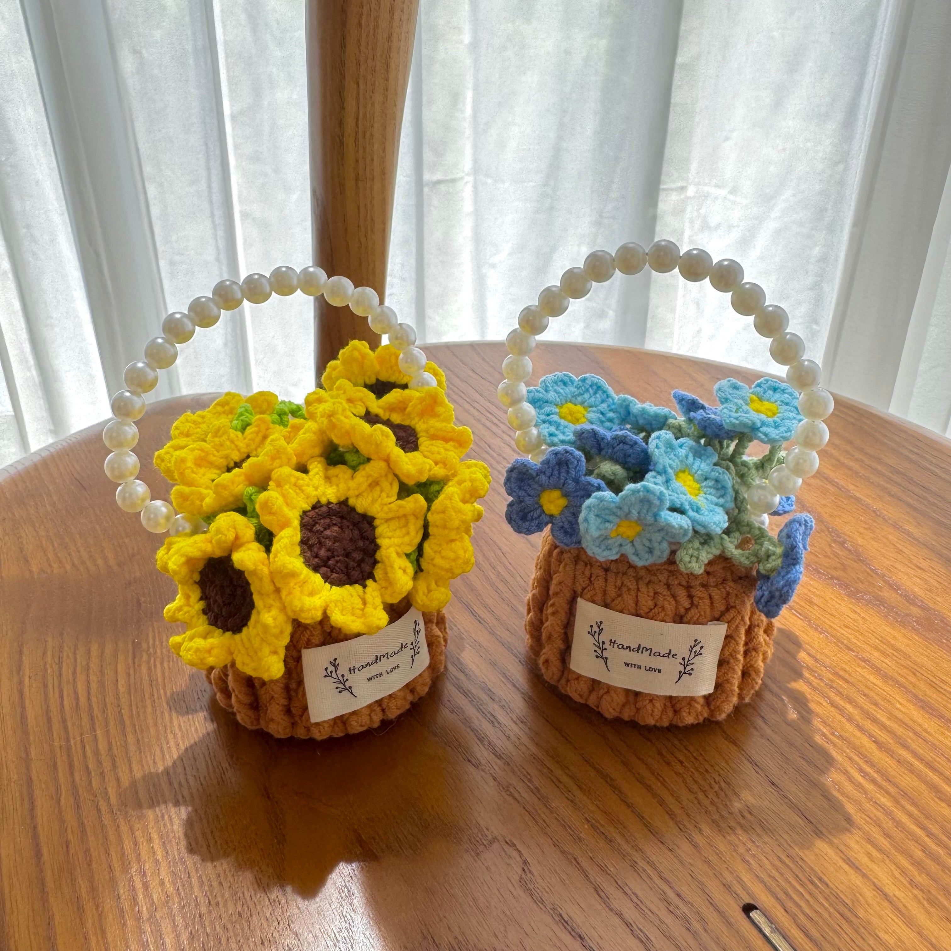 “Forget Me Not” Handmade Crochet Flower Coaster with Basket Set - Artistic Home Decor