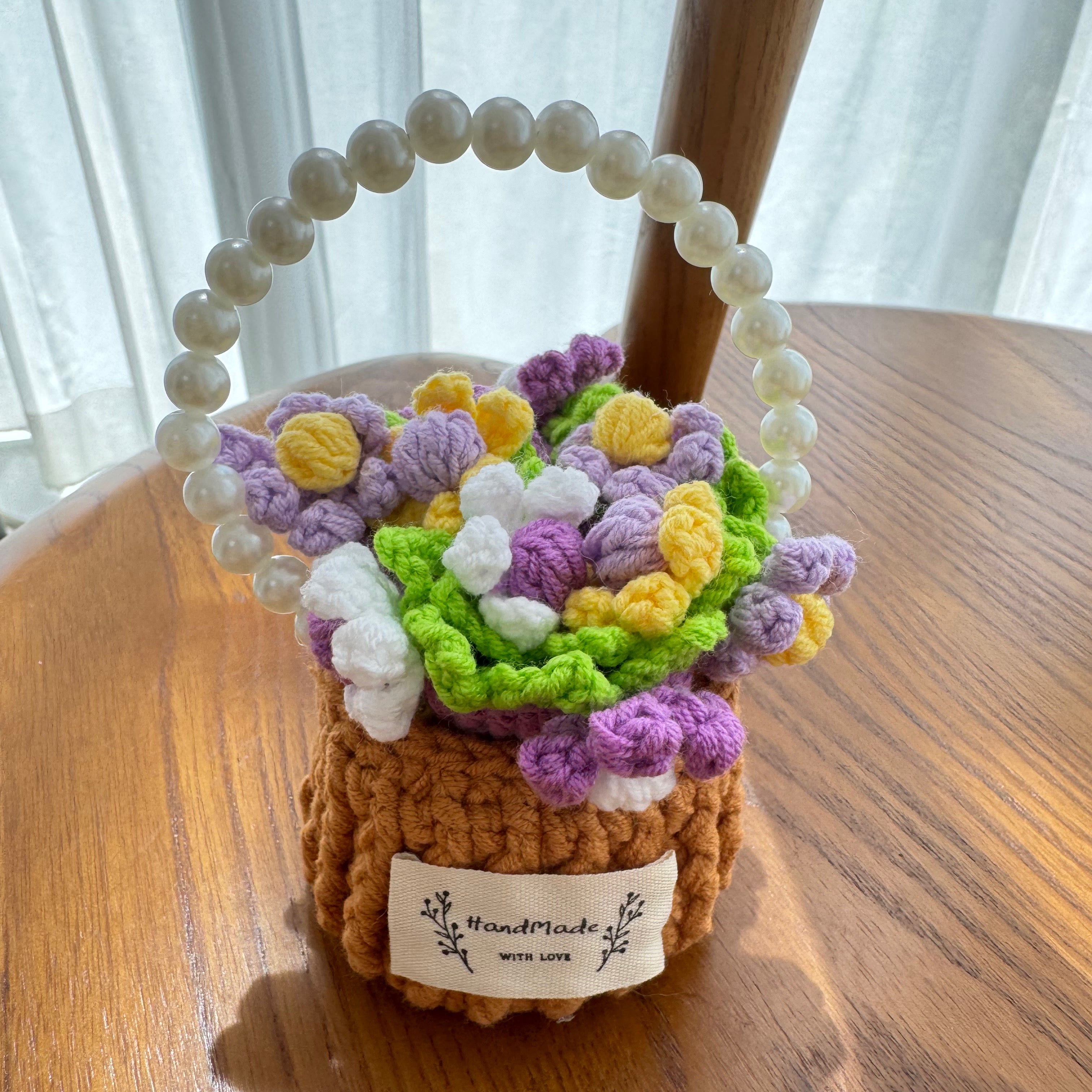 “Purple - Yellow Posy” Handmade Crochet Flower Coaster with Basket Set - Artistic Home Decor