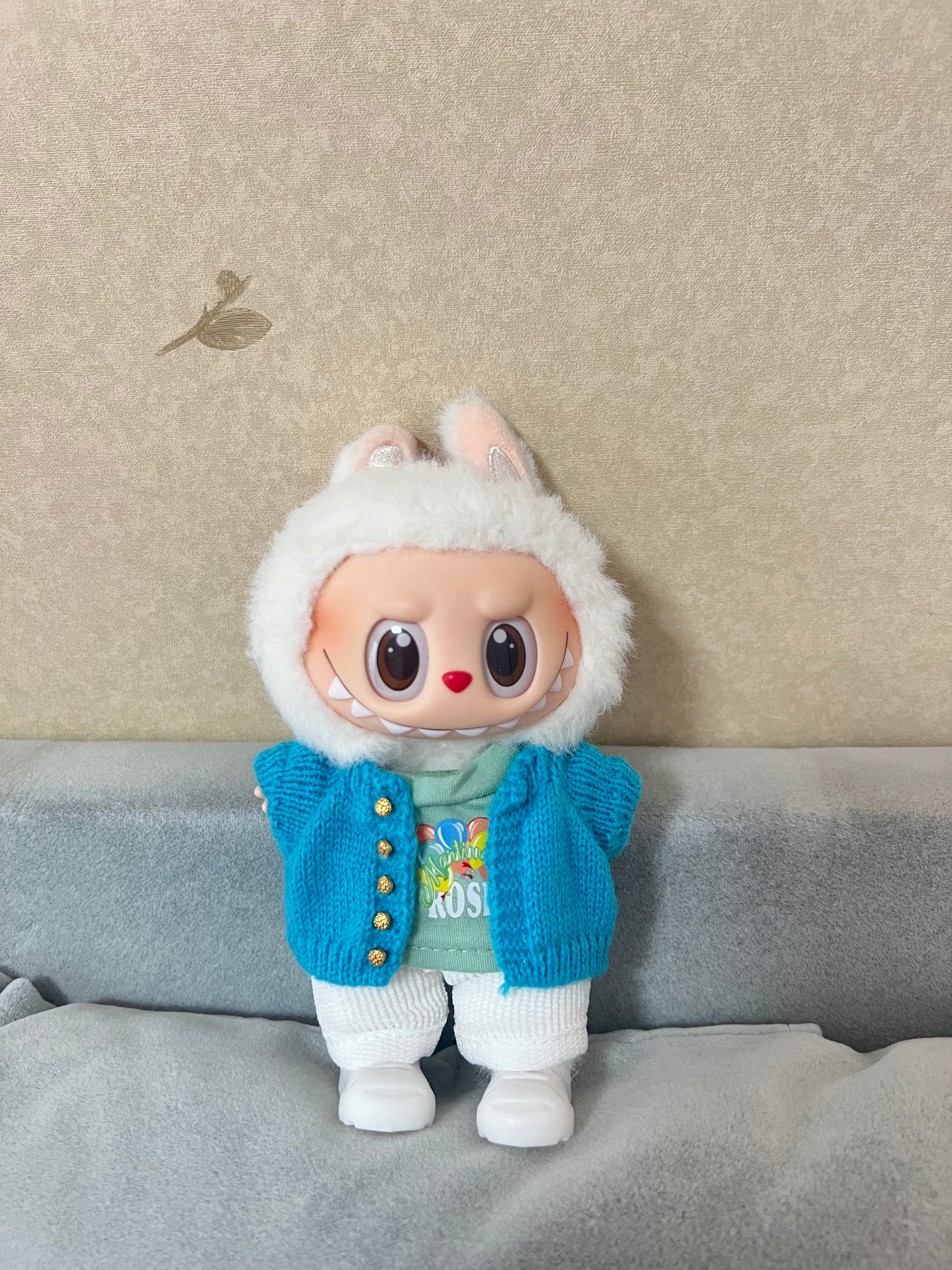 Doll Clothes - Hand Knitted Blue Cardigan Set Doll Outfit