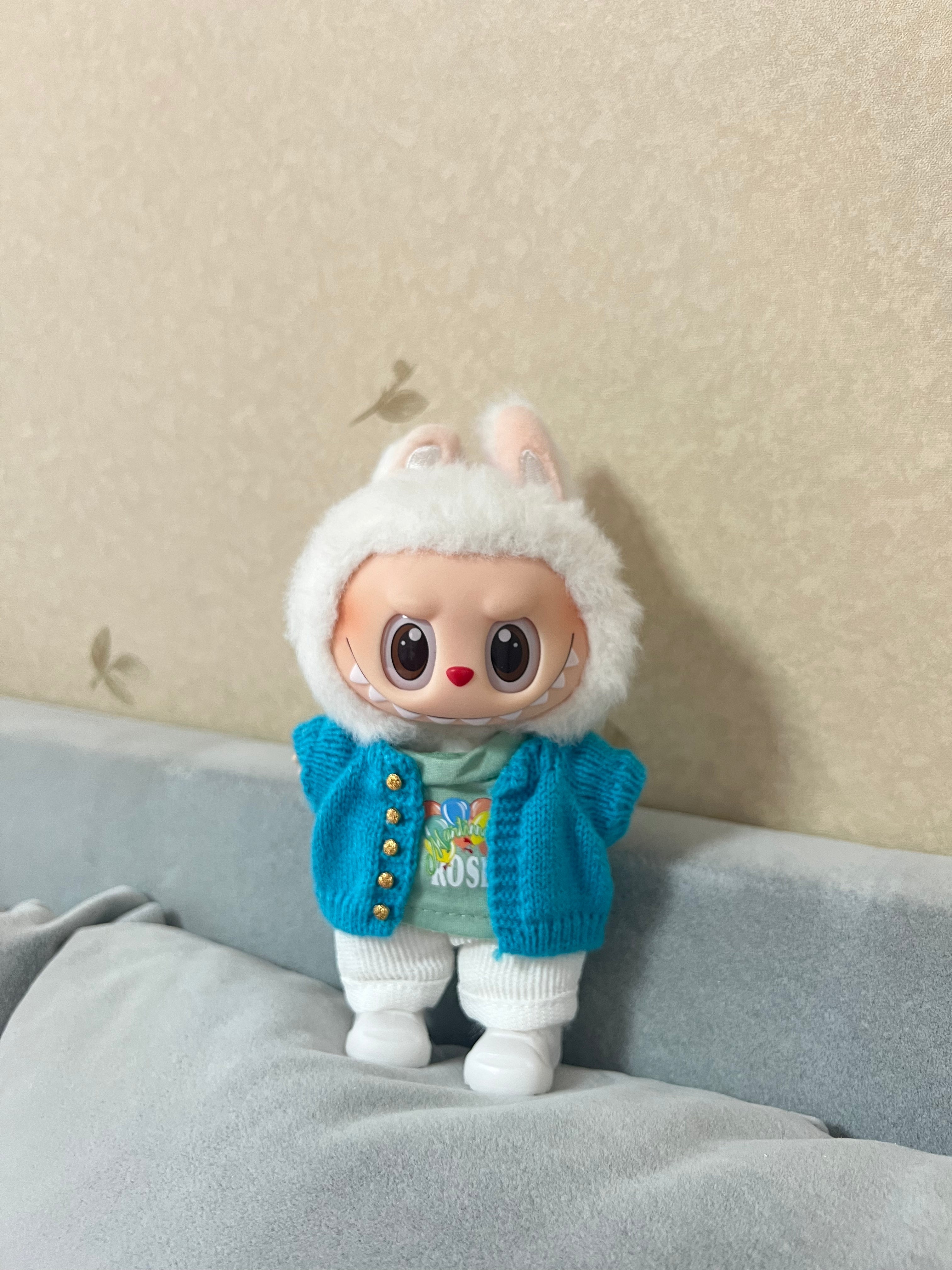 Doll Clothes - Hand Knitted Blue Cardigan Set Doll Outfit