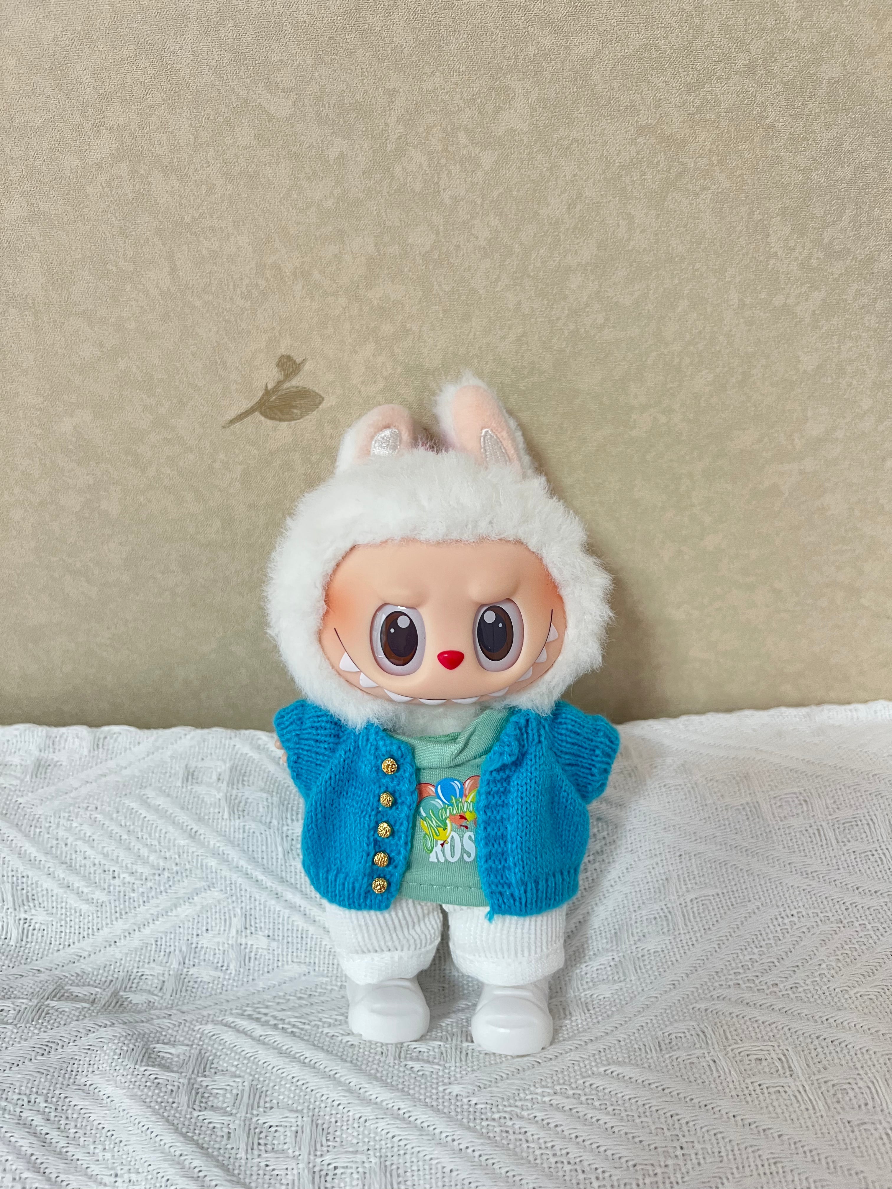 Doll Clothes - Hand Knitted Blue Cardigan Set Doll Outfit