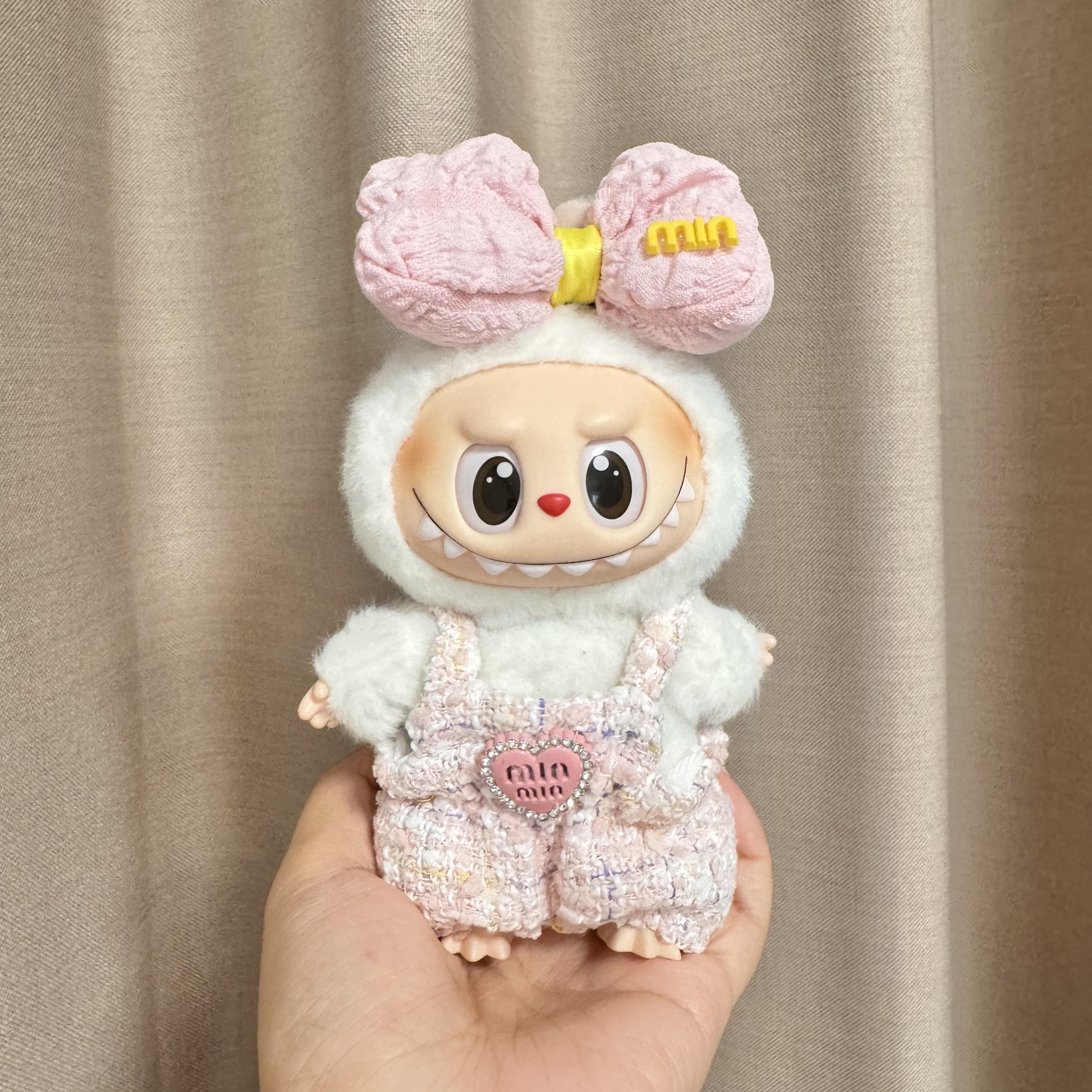 Labubu Doll Clothes - Chic Tweed Doll Outfit Set: Mint Bow Headpiece + Tweed Overalls